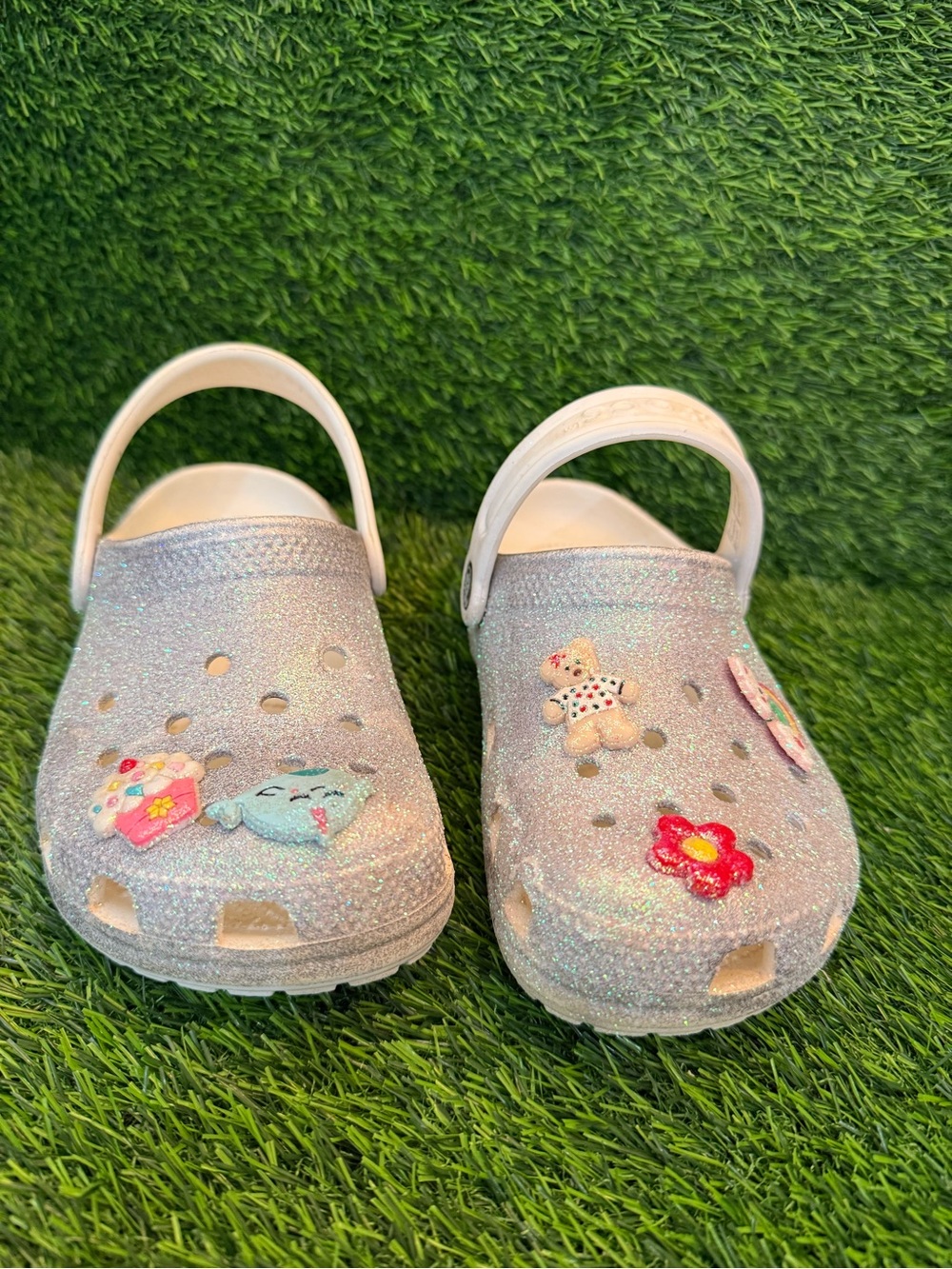 Crocs Kids Glitter Slip-On Clogs with Charms - Silver size 1Y